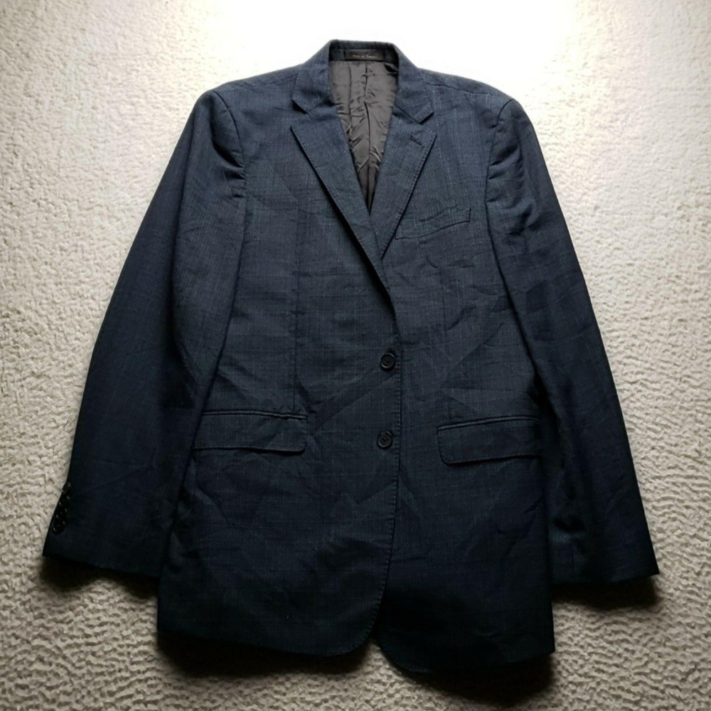 Calvin Klein Suit Jacket Mens 44 Blue Wool Polyester Check 2 Button Notch Lapel